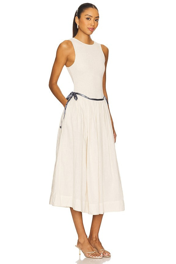 Nightingale Solid Midi Dress in Tea Navy Combo