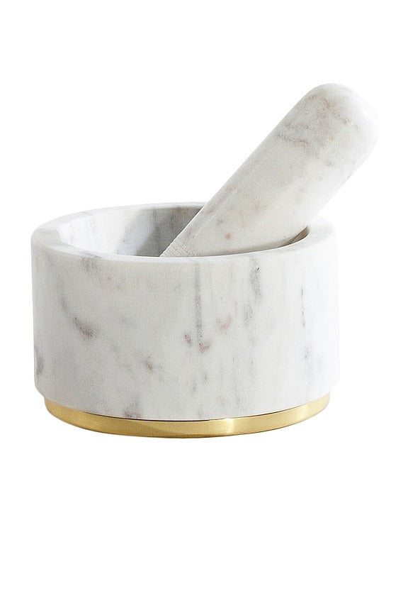 Simple Marble and Brass Mortar and Pestle in White