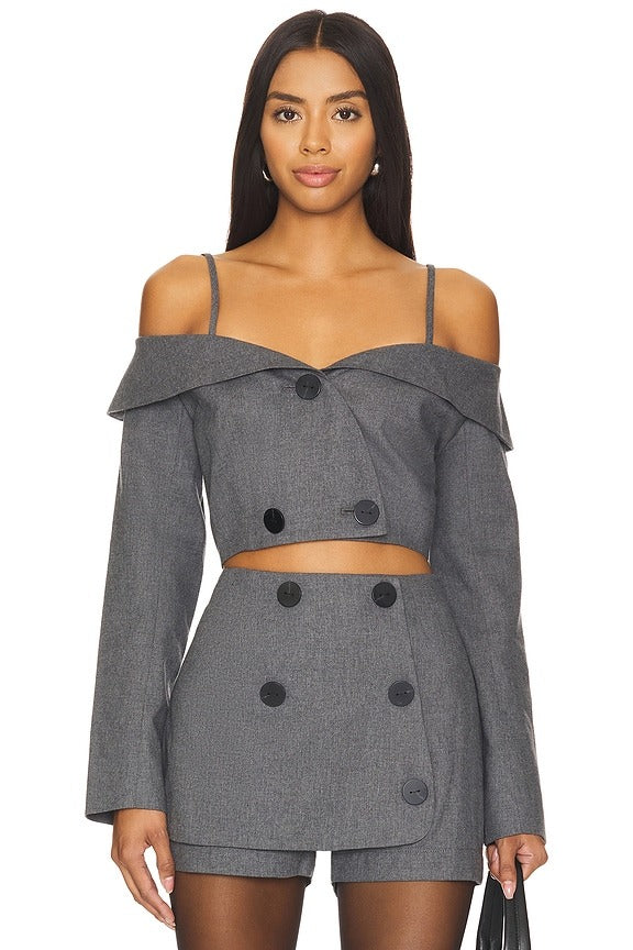 Off Shoulder Double-breasted Top in Charcoal Flannel
