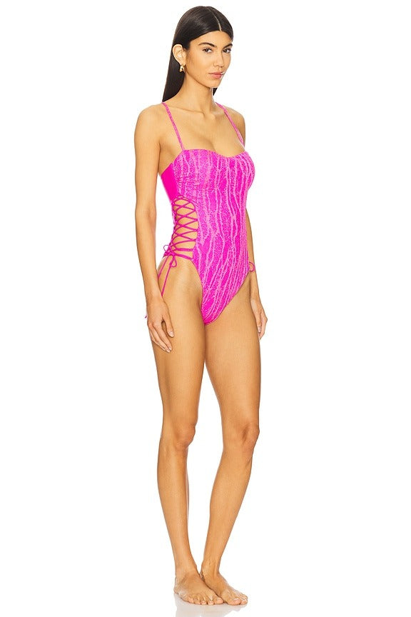 Square Neck Laced Up One Piece in Fuchsia