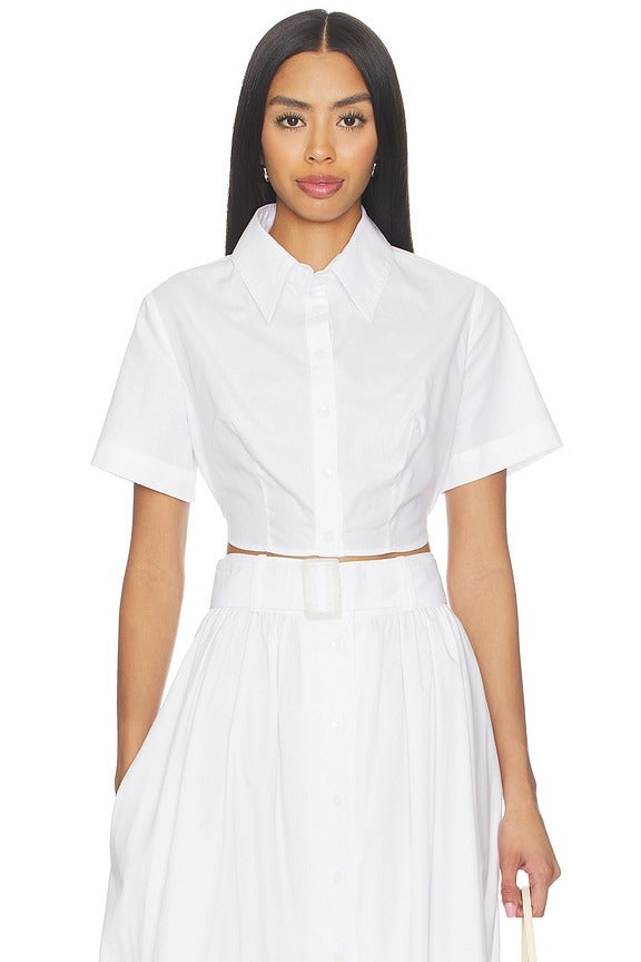 Cropped Tie Back Button Up in White Poplin