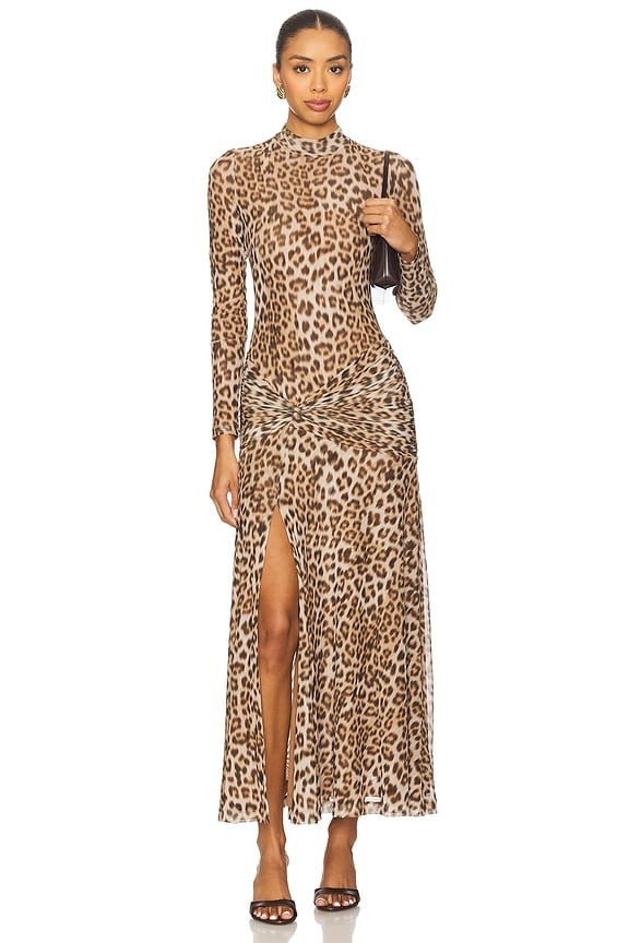 Lea Printed Mesh Midi Dress in Brown Leopard