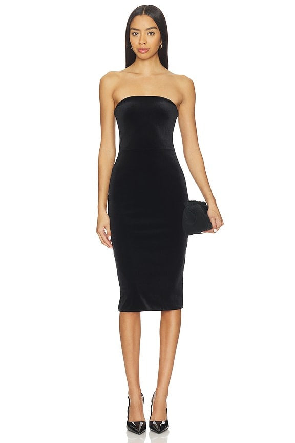 Velvet Strapless Midi Dress in Black