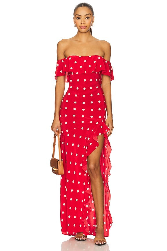 Deanna Gown in Cherry Red Polka Dot