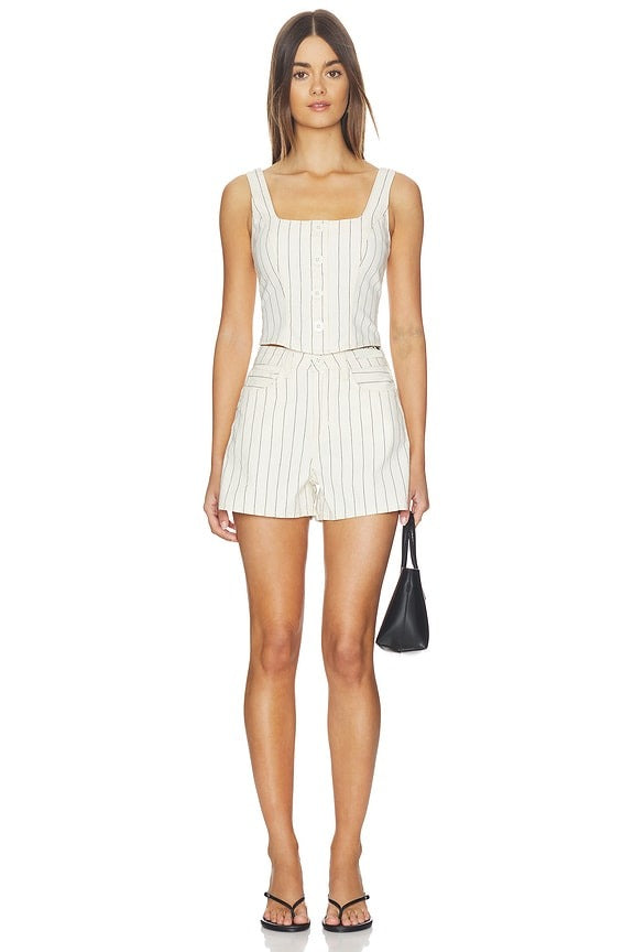 Saga Button Front Top in Ecru & Navy Stripe