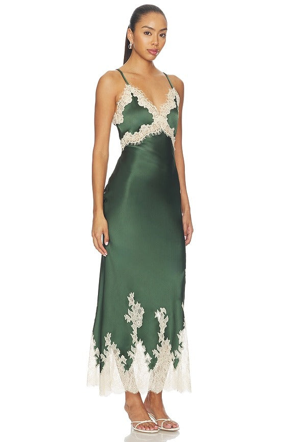 Julietta Cutaway Lace Trim Slip Dress in Dark Fern & Biscotti