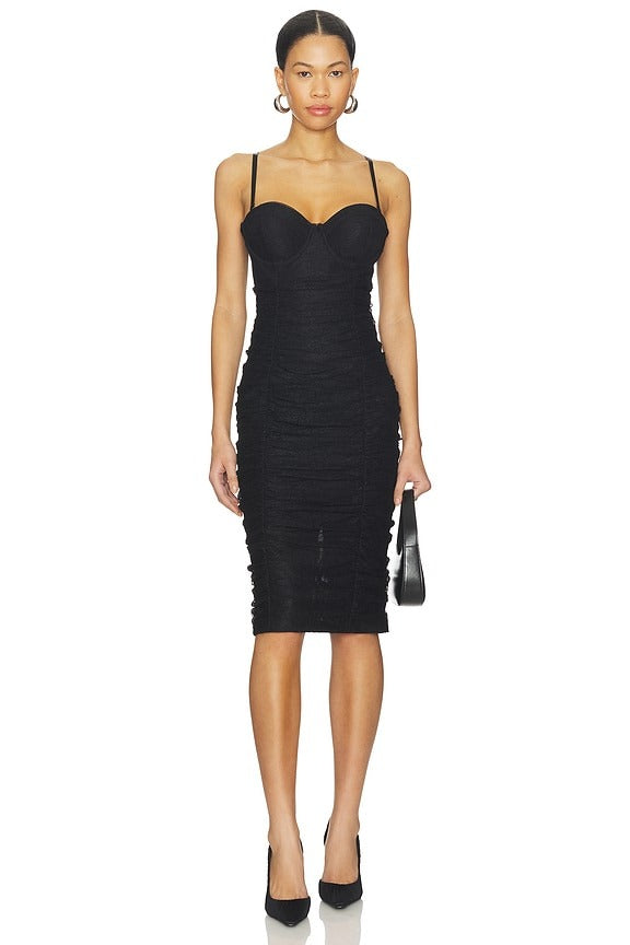 Senna Lace Bustier Midi Dress in Black