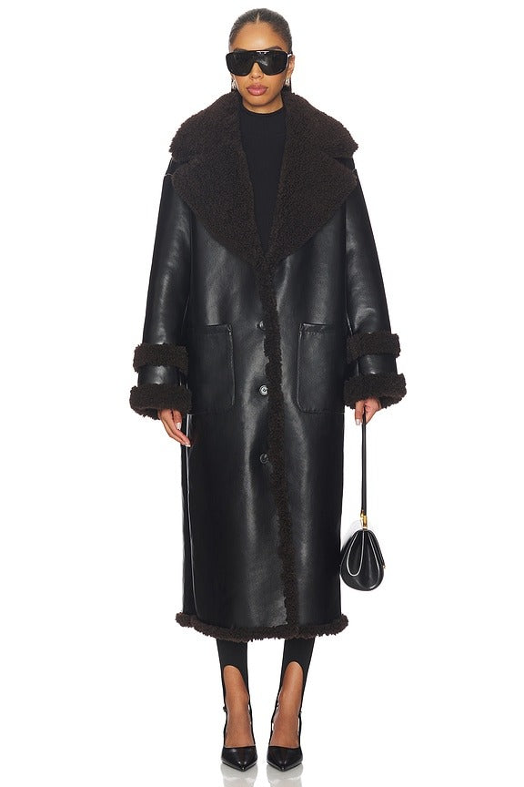 Irving Faux Leather Coat in Black & Dark Brown
