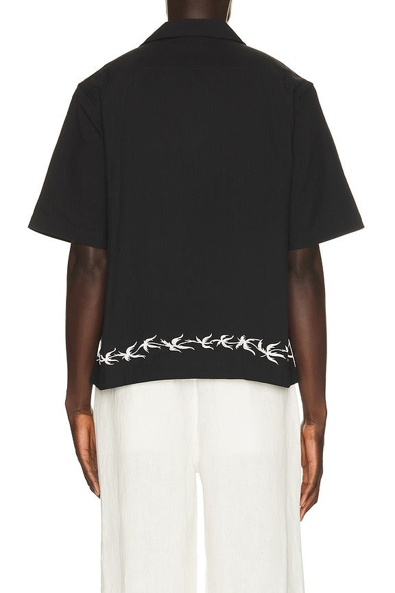 Palm Embroidery Bowling Shirt in Black