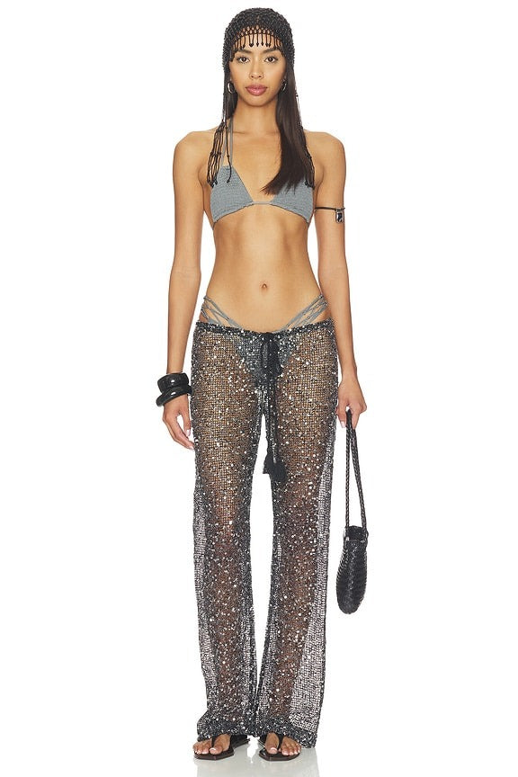 Sequin Mesh Drawstring Trousers in Black