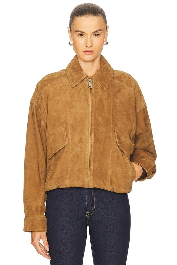 Wren Suede Bomber in Cognac