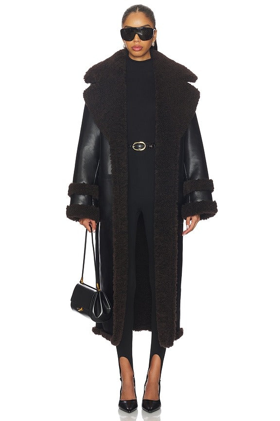 Irving Faux Leather Coat in Black & Dark Brown