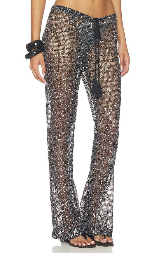 Sequin Mesh Drawstring Trousers in Black