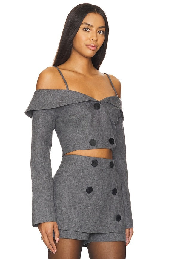 Off Shoulder Double-breasted Top in Charcoal Flannel