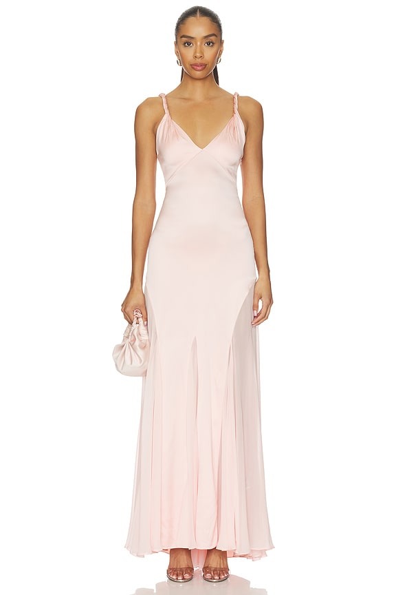 Andrina Twist Strap Flare Maxi Dress With Sheer Godets in English Rose