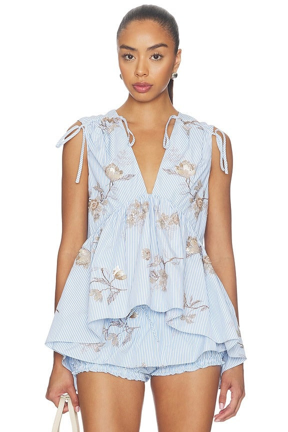 Lamia Poplin Top in Multi Blue