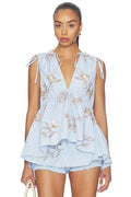 Lamia Poplin Top in Multi Blue
