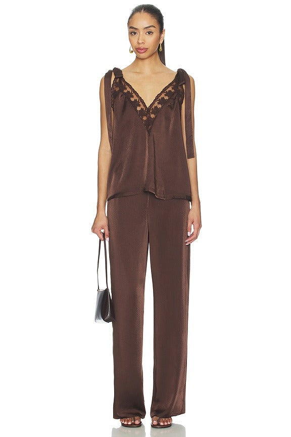 Devin Mid Rise Satin Pant in Chocolate