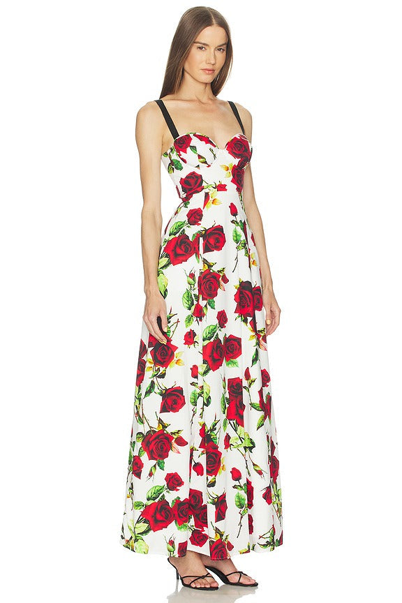 Sutton BDD Strap Maxi Dress in White & Red Romantic Rose