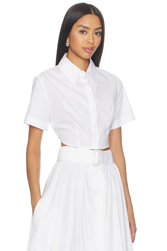 Cropped Tie Back Button Up in White Poplin