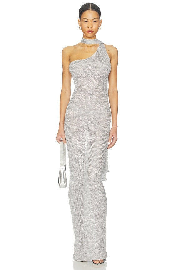 Aretha Maxi Dress in Silver Glitter