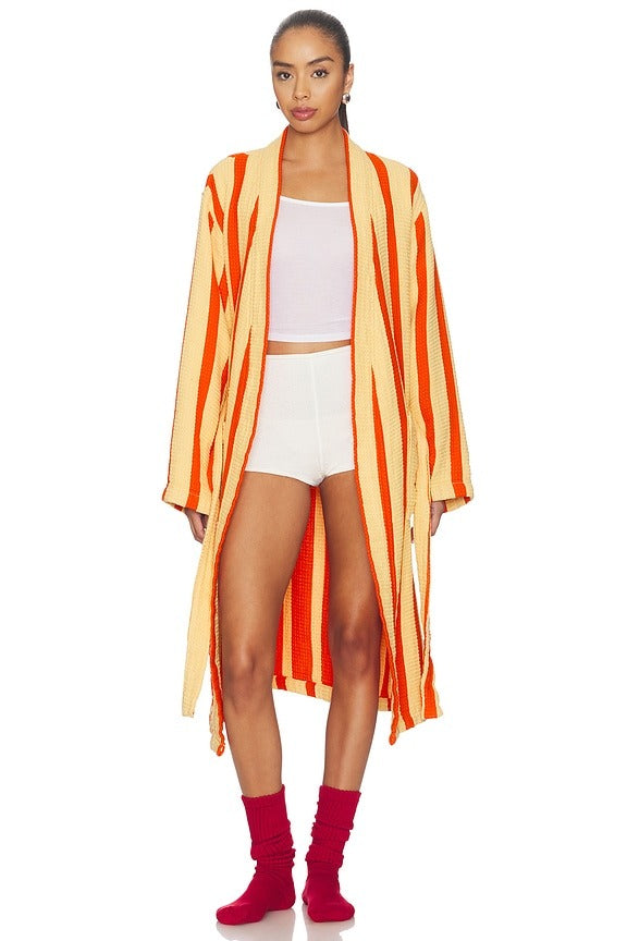 Waffle Bathrobe in Red & Orange Stripe