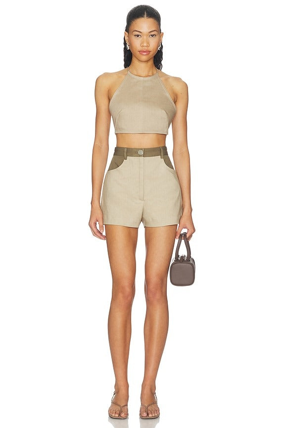 Tie Halter Crop Top in Taupe
