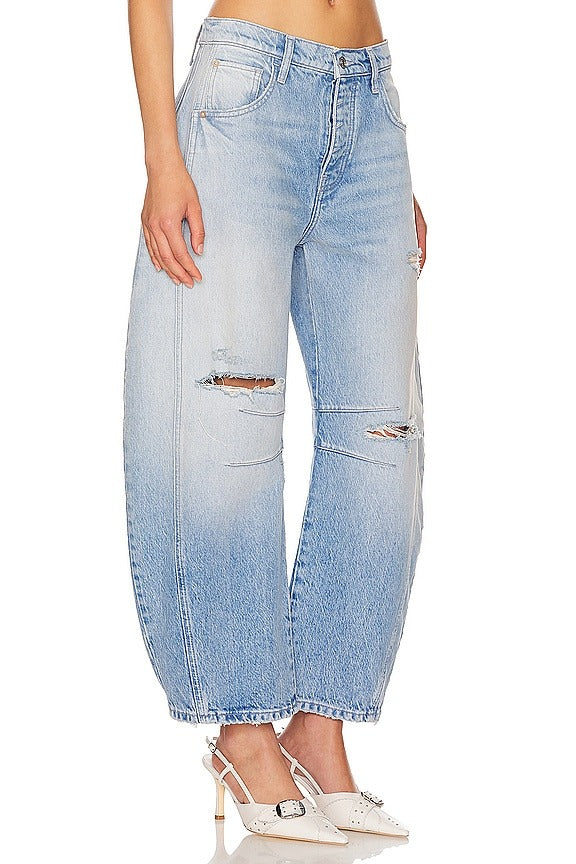 x We The Free Good Luck Mid Rise Barrel Jeans in Barnyard Blue