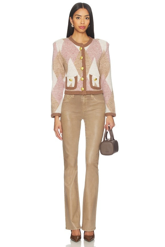 Siobhan Fuzzy Argyle Cardi in Natural & Mauve Multi Argyle