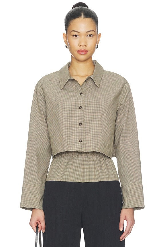 Cropped Oversized Button Down Top in Khaki Plaid