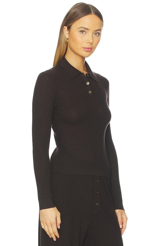 Long Sleeve Shrunken Polo Top in Burnt Cocoa