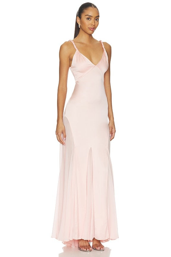 Andrina Twist Strap Flare Maxi Dress With Sheer Godets in English Rose