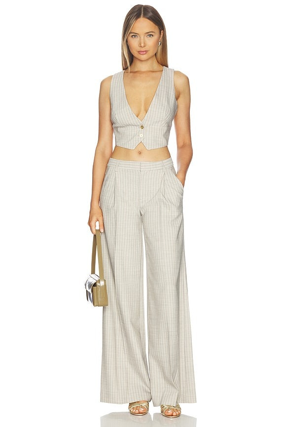 Allanah Mid Rise Trouser in Grey & Tan Pinstripe