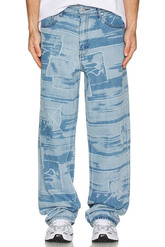 5 Pocket Laser Printed Patched Pants in Light Indigo
