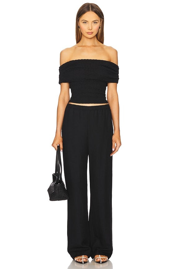 Off Shoulder Textured Knit Top in Black