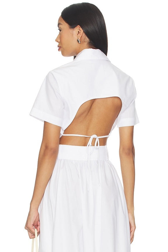 Cropped Tie Back Button Up in White Poplin