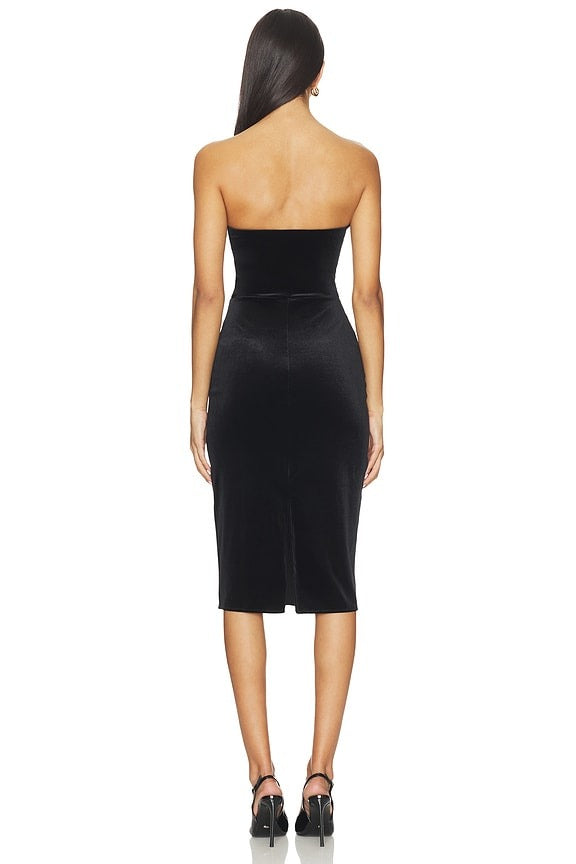 Velvet Strapless Midi Dress in Black